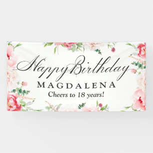 Happy Birthday Banner 18th Elegant Pink Peony