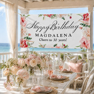Happy Birthday Banner 30th Elegant Pink Peony