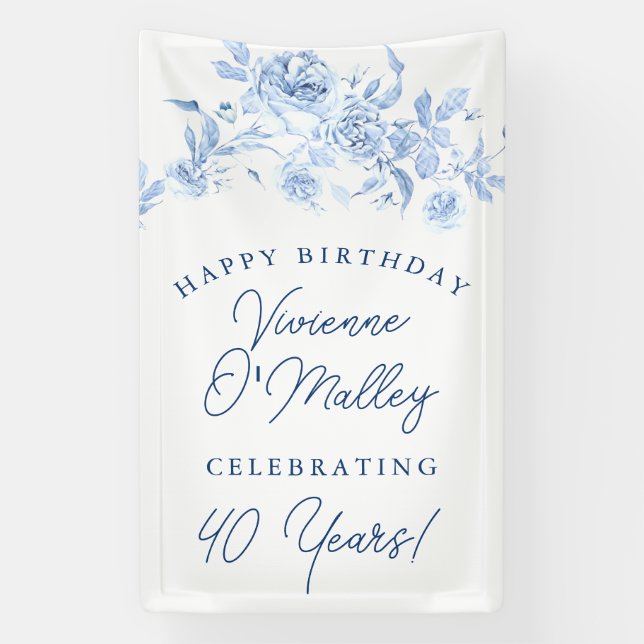 Happy Birthday Banner 40th Blue Floral Template (Vertical)