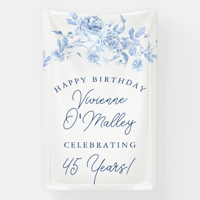 Happy Birthday Banner 45th Blue Floral Template (Vertical)