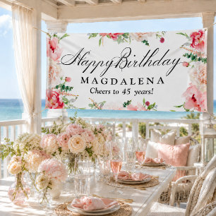 Happy Birthday Banner 45th Elegant Pink Peony