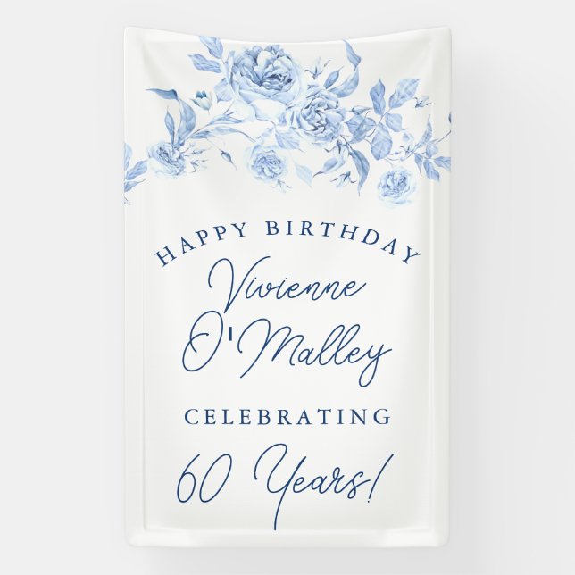 Happy Birthday Banner 60th Blue Floral Template (Vertical)
