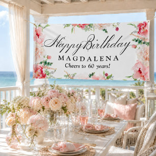 Happy Birthday Banner 60th Elegant Pink Peony