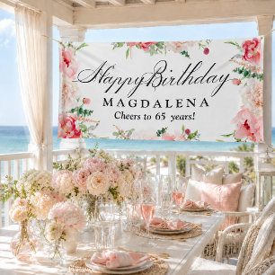 Happy Birthday Banner 65th Elegant Pink Peony
