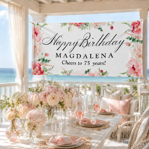 Happy Birthday Banner 75th Elegant Pink Peony