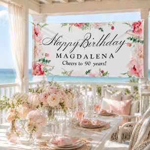 Happy Birthday Banner 90th Elegant Pink Peony