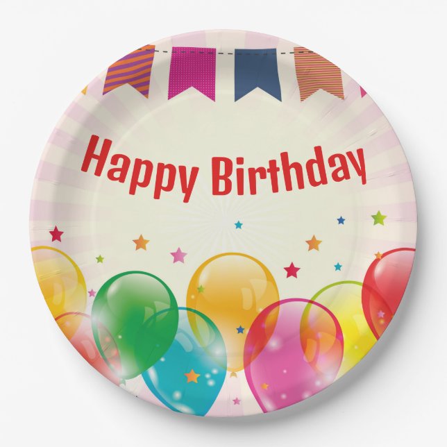 Happy Birthday Banner Balloons  Paper Plate (Front)