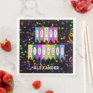 Happy Birthday Banner Confetti Black Name Party Napkin