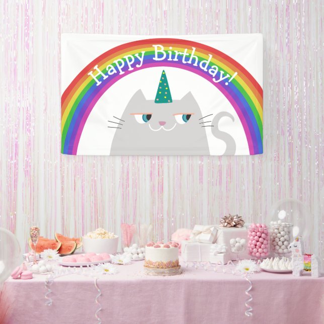Happy Birthday Banner Cute Cat Rainbow (Party)