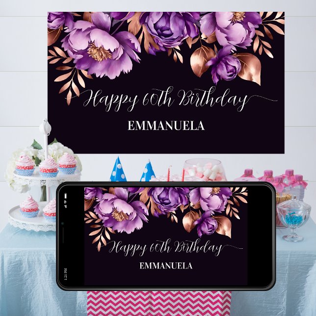 Happy birthday banner elegant purple rose gold poster (Happy birthday banner elegant purple rose gold peonies  template poster digital download 60th 50th)