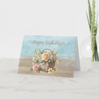 Happy Birthday Basket of cream Roses Card
