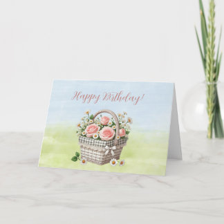 Happy Birthday Basket of Pink Roses Card