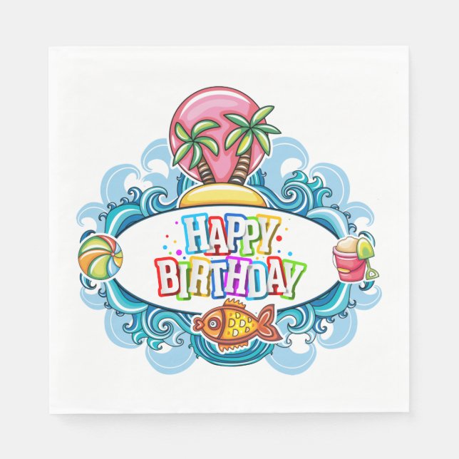 Happy Birthday Beach Fun Paper Napkin (Front)