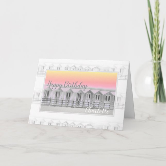Happy Birthday beach hut at sunset card (Front)