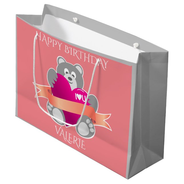 Happy birthday bear gift bag personalised name. (Front Angled)