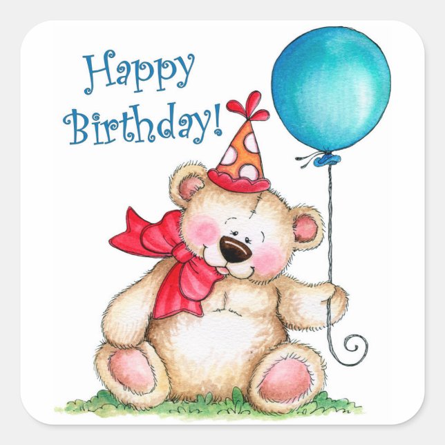 Happy Birthday Bear Square Sticker (Front)