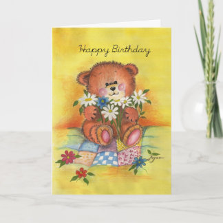 Happy Birthday bear with daisies. Card