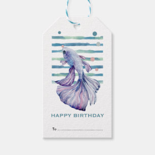Happy Birthday, Beautiful Blue Fish Seashore Beach Gift Tags