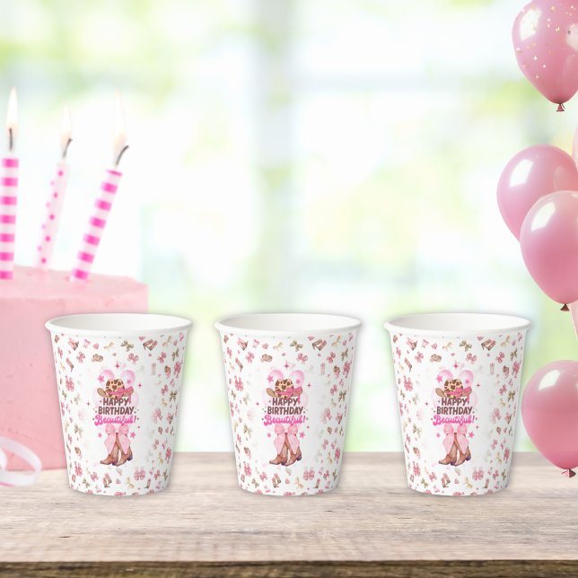 Happy Birthday Beautiful Cute Pink Cowgirl Western Paper Cups (Creator Uploaded)