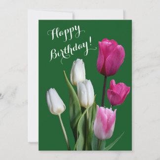 Happy birthday beautiful floral white pink tulips  holiday card