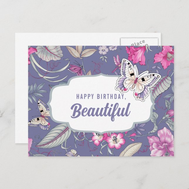 Happy Birthday, Beautiful. Flowers & Butterfly Postcard (Front/Back)