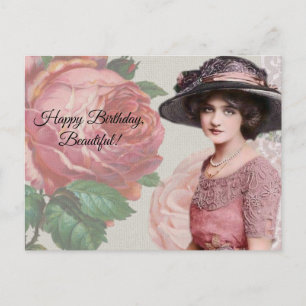 Happy Birthday, Beautiful - Vintage Lady and Rose Postcard