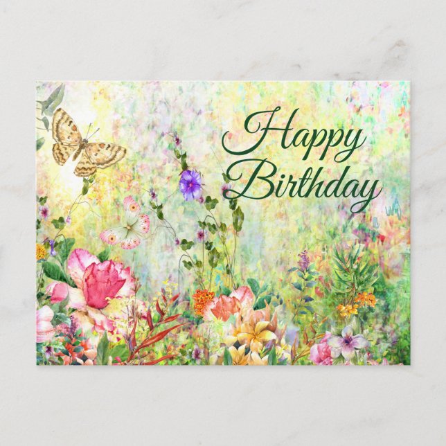 Happy Birthday Beautiful Watercolor Garden Flowers Postcard (Front)