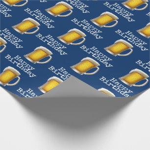 Happy Birthday Beer Mug On Blue Wrapping Paper