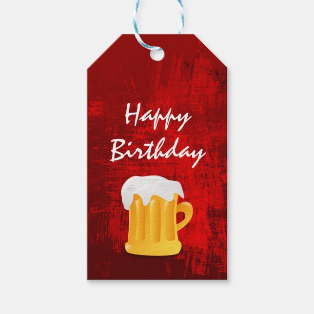 Happy Birthday Beer Mug on Rustic Red Abstract Gift Tags (Front)