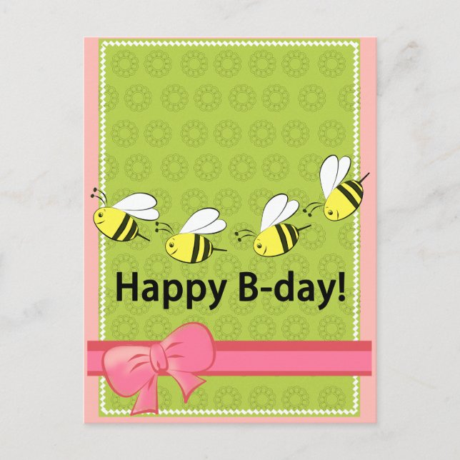 Happy Birthday bees B day pink green fun card (Front)