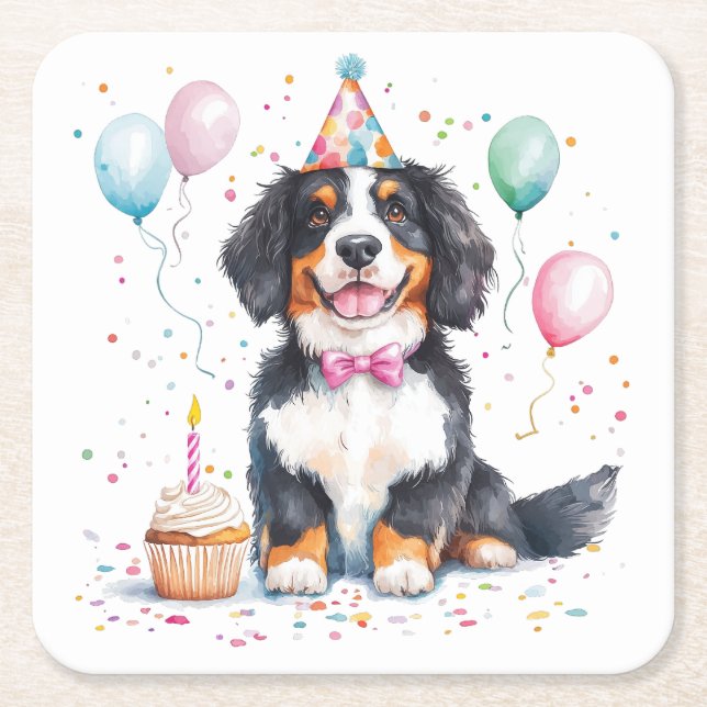 Happy Birthday Bernese Mountain Dog Square Paper Coaster (Front)