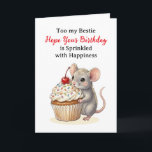 Happy Birthday Bestie | Cute Mouse Card<br><div class="desc">An adorable birthday card for a best friend featuring an illustration of a cute little mouse carrying a vanilla cupcake with sprinkles and a cherry on top! All text on this card can be edited in the personalize area.</div>