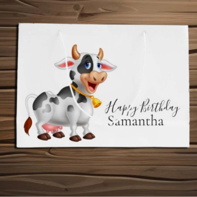 Happy Birthday black and white Cow Large Gift Bag (Creator Uploaded)