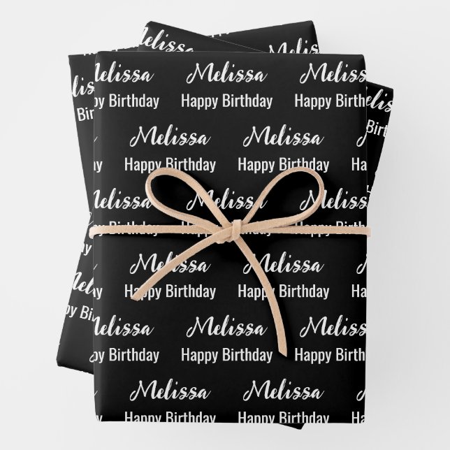 Happy Birthday Black and White Name Pattern Wrapping Paper Sheet (In situ)