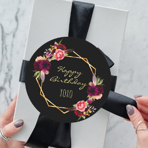 Happy birthday black burgundy floral gold classic round sticker