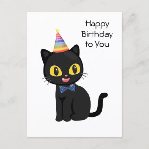 Happy Birthday Black Cat with Party Hat Postcard