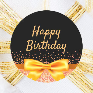 Happy birthday black gold bow glamourous classic round sticker