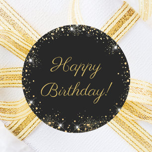 Happy Birthday Black Gold Glitter Classic Round Sticker