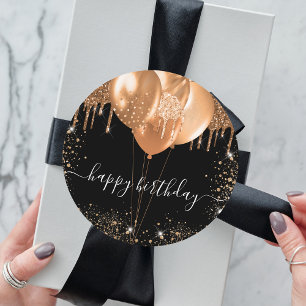 Happy birthday black gold glitter girl classic round sticker