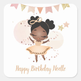 Happy Birthday! Black Princess Ballerina w/Bow Square Sticker