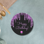 Happy birthday black purple glitter sparkle pink classic round sticker<br><div class="desc">A classic elegant black background decorated with dark purple coloured faux glitter drips,  paint dripping look and a small pink rose.  With the text: Happy Birthday! written with a modern hand lettered style script.  Purple letters.</div>