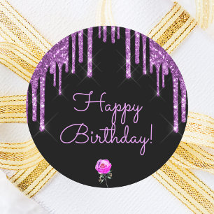 Happy birthday black purple glitter sparkle pink classic round sticker