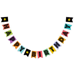 HAPPY BIRTHDAY ☆ BLACK TEXT ON MULTICOLOR BKGD BUNTING