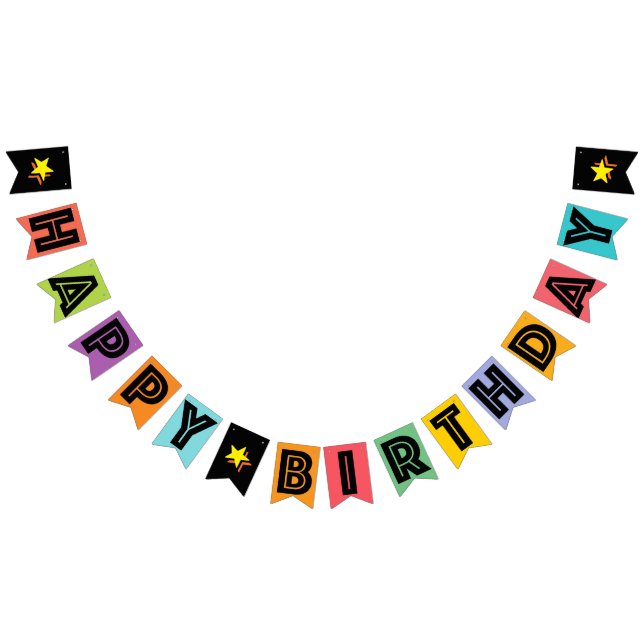 HAPPY BIRTHDAY ☆ BLACK TEXT ON MULTICOLOR BKGD BUNTING  (All)