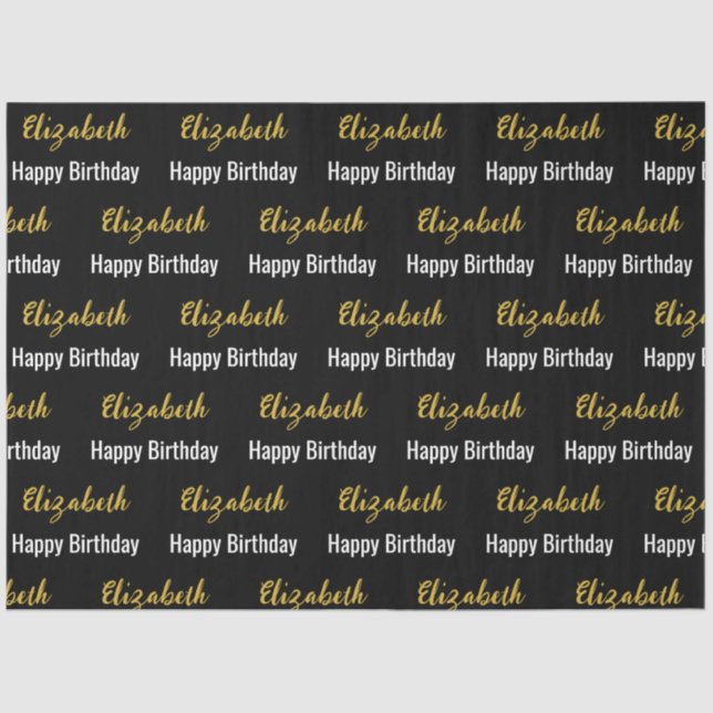 Happy Birthday Black White and Gold Elegant Name Tissue Paper (Front)