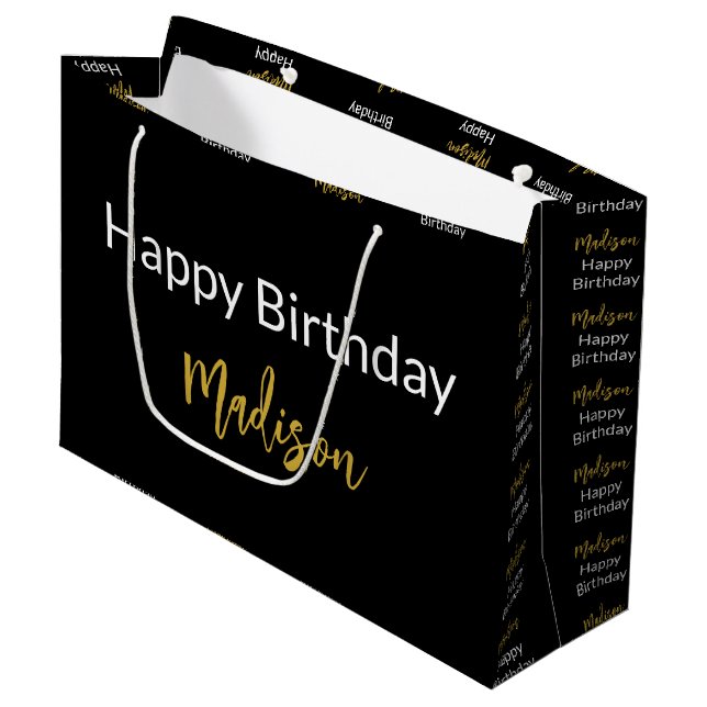 Happy Birthday Black White and Gold Script Name Large Gift Bag (Front Angled)