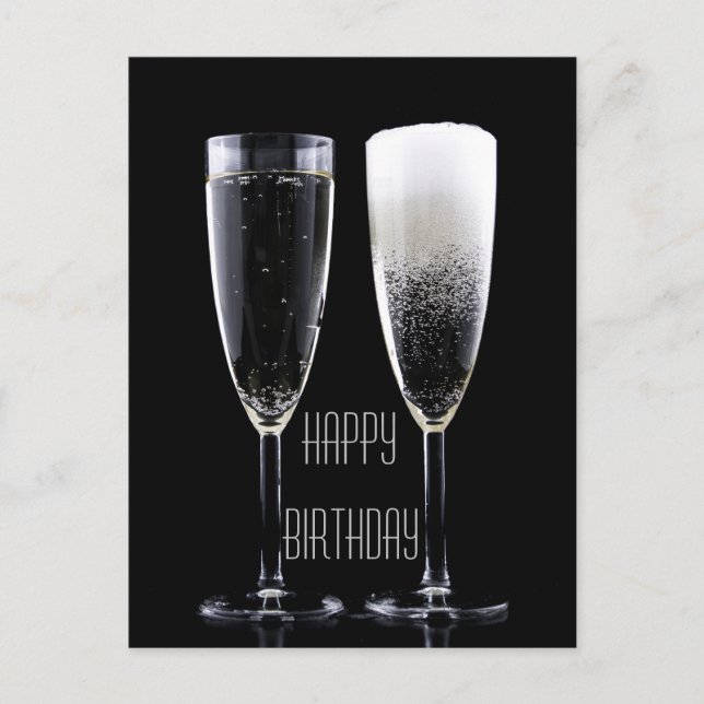 Happy Birthday Black White Champagne Flute Glasses Postcard (Front)