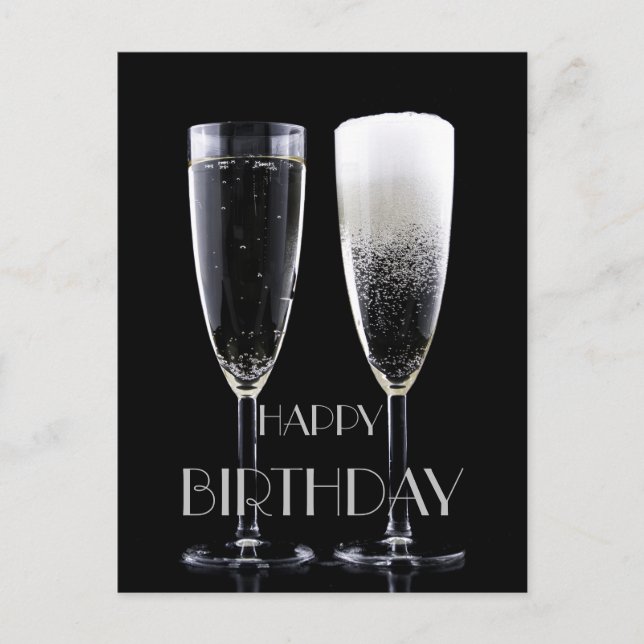 Happy Birthday Black White Champagne Flute Glasses Postcard (Front)