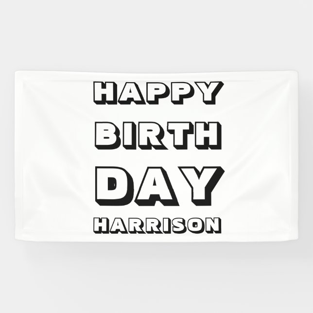 Happy Birthday black white custom name modern fun Banner (Horizontal)