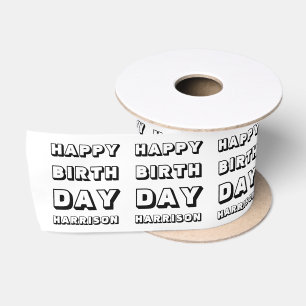 Happy Birthday black white custom name modern fun Satin Ribbon